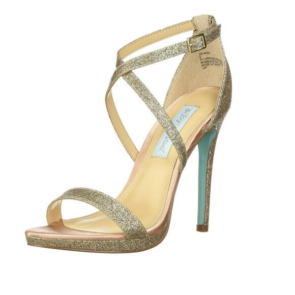 Betsey Johnson blue Andi Ankle Strap Platform Heels Champange Glitter size 7.5 - Picture 1 of 9